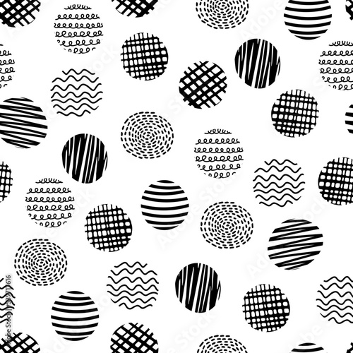 Hand drawn vector doodle circles seamless pattern. Abstract textured shapes print. Grunge artistic black elements on white background. Ink scribble spots creative design elements