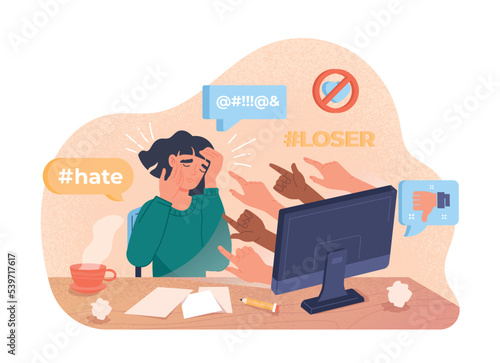Cyber bullying concept. Frightened and sad woman sits in front of monitor from which her hands stick out. Depression and frustration, loneliness and insecurity. Cartoon flat vector illustration