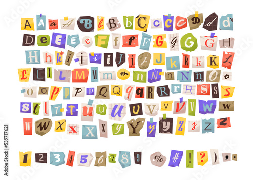 Anonymous letters cut from magazines. Clipping alphabet. Paper style ransom note letter. Cut Letters. Vector font isolated on white background
