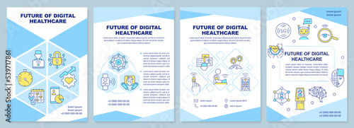 Future of digital healthcare industry brochure template. Leaflet design with linear icons. Editable 4 vector layouts for presentation, annual reports. Arial-Black, Myriad Pro-Regular fonts used