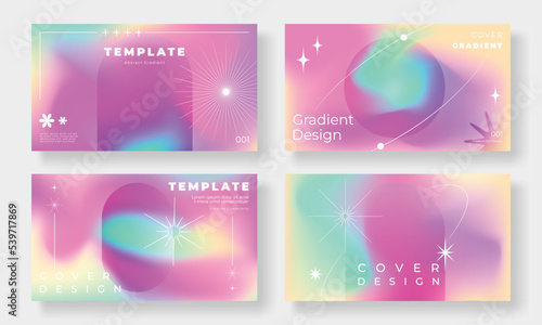 Abstract vibrant gradient cover template. Set of modern poster with geometric shapes, circles, stars, planet. Colorful gradient mesh background for brochure, flyer, wallpaper, banner, business card.