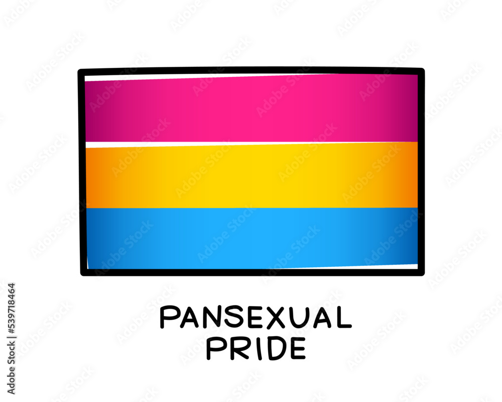 The flag of pansexual pride. A colorful logo of one of the LGBT flags. Pink, yellow and blue brush strokes drawn by hand. Black outline. The flag of pansexual pride. A colorful logo of one of the LGBT flags. Pink, yellow and blue brush strokes drawn by hand. Black outline.