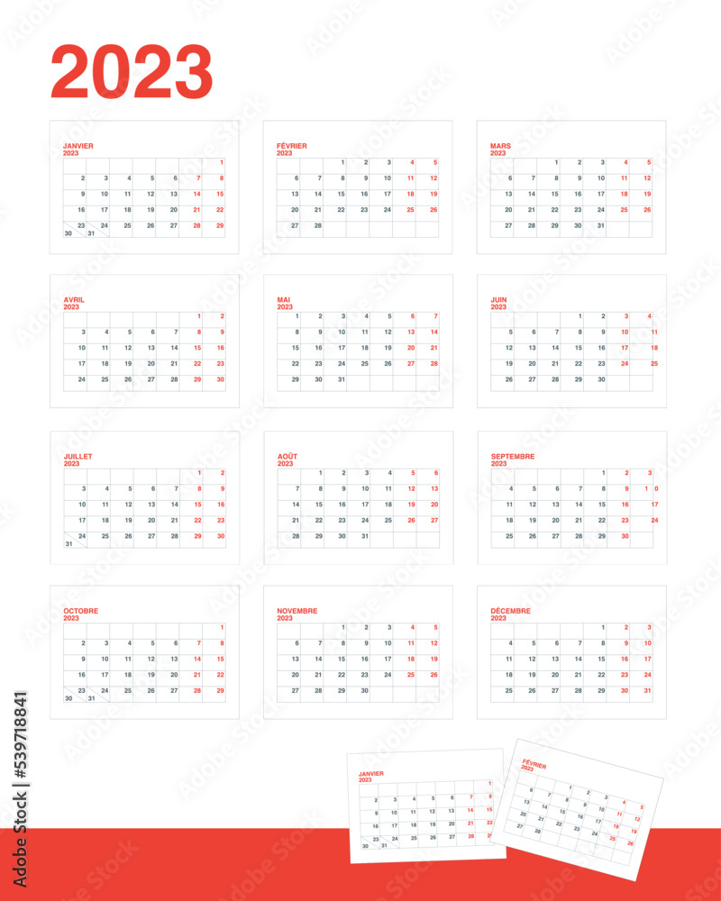 Calendar grid monthly 2023 in French. A set of 12 pages of A5 calendar months horizontal. Vector illustration Calendar grid monthly 2023 in French. A set of 12 pages of A5 calendar months horizontal. Vector illustration
