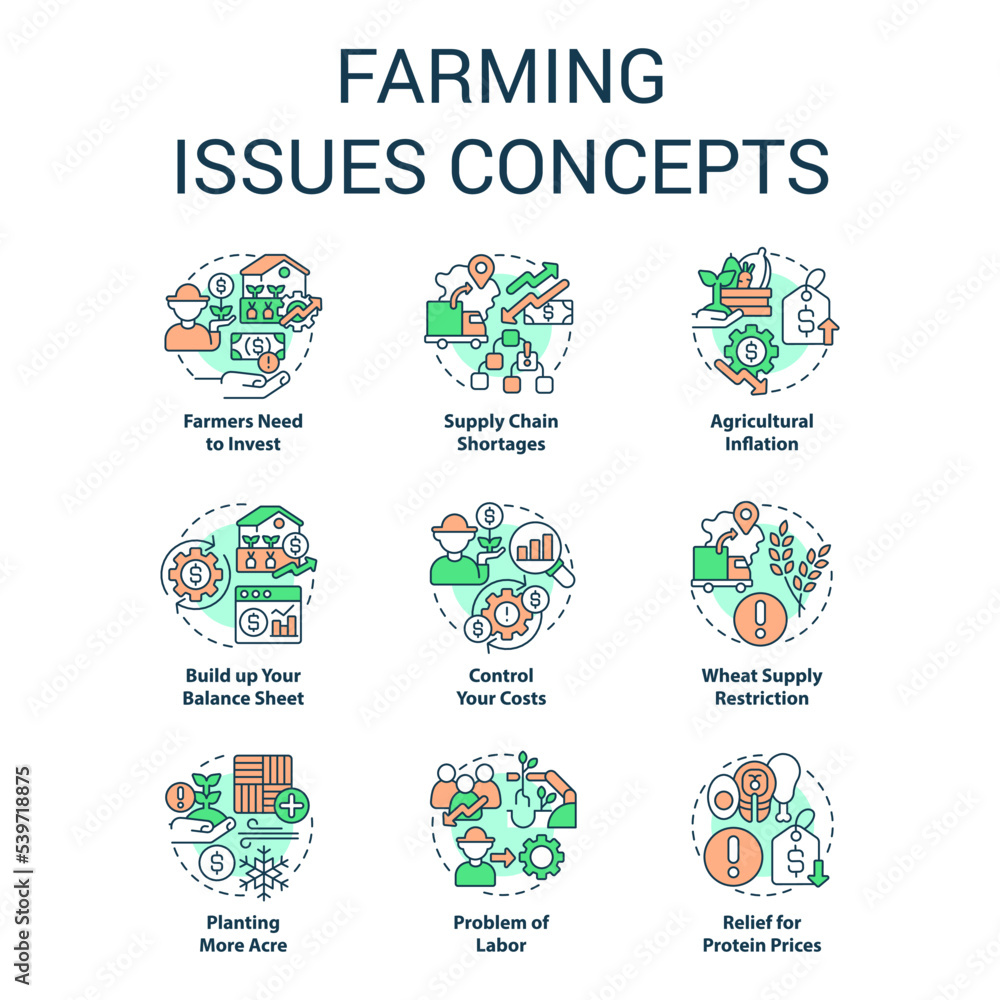 Naklejka premium Farming issues concept icons set. Agriculture problem. Challenges farmers face idea thin line color illustrations. Isolated symbols. Editable stroke. Roboto-Medium, Myriad Pro-Bold fonts used