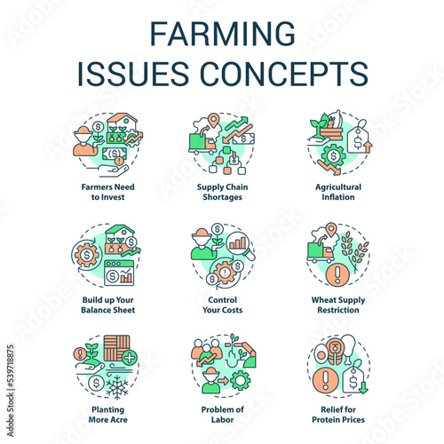 Farming issues concept icons set. Agriculture problem. Challenges farmers face idea thin line color illustrations. Isolated symbols. Editable stroke. Roboto-Medium, Myriad Pro-Bold fonts used