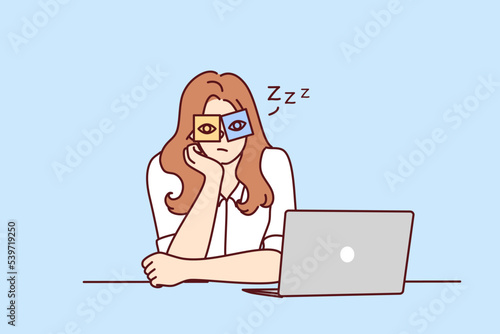 Exhausted young woman sit at desk work on computer overwhelmed with office job. Tired girl feel sleepy overwork at workplace. Fatigue concept. Vector illustration. 
