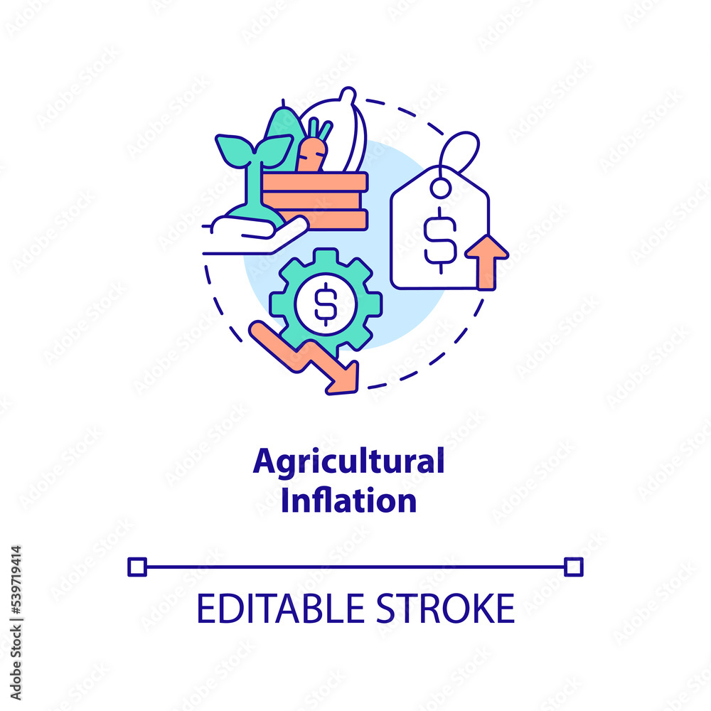 Agricultural inflation concept icon. Food prices growth. Farming economics problem abstract idea thin line illustration. Isolated outline drawing. Editable stroke. Arial, Myriad Pro-Bold fonts used