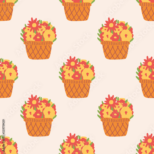 Seamless Pattern with a Basket of Flowers. Thanksgiving Day collection. Flat vector illustration.