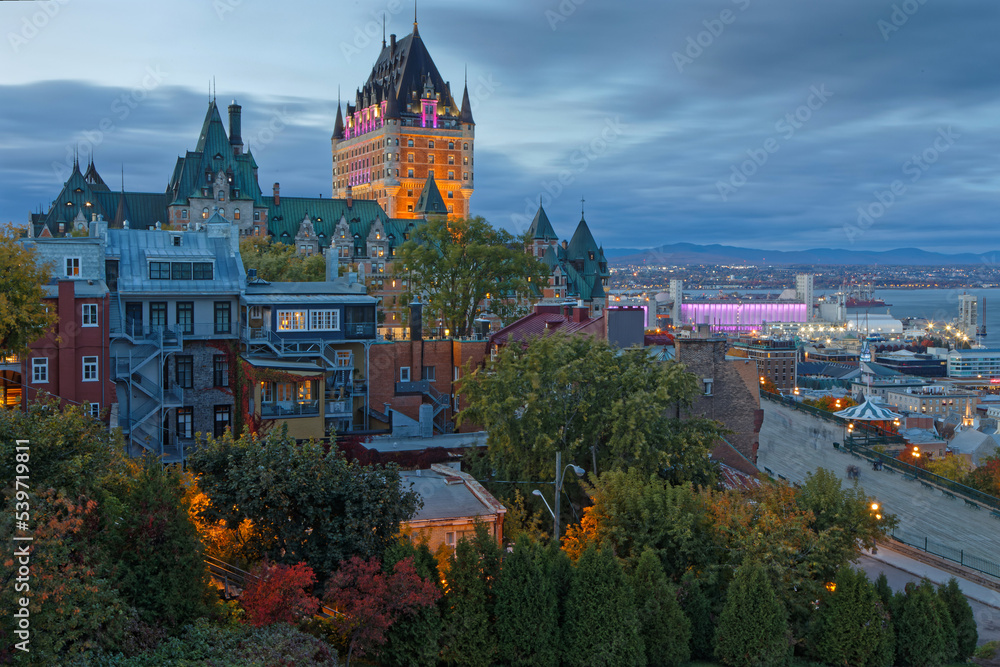 QUEBEC, CANADA, October 8, 2022 : Château Frontenac at blue hour. It is a historic building designed by Bruce Price and now a luxury hotel.