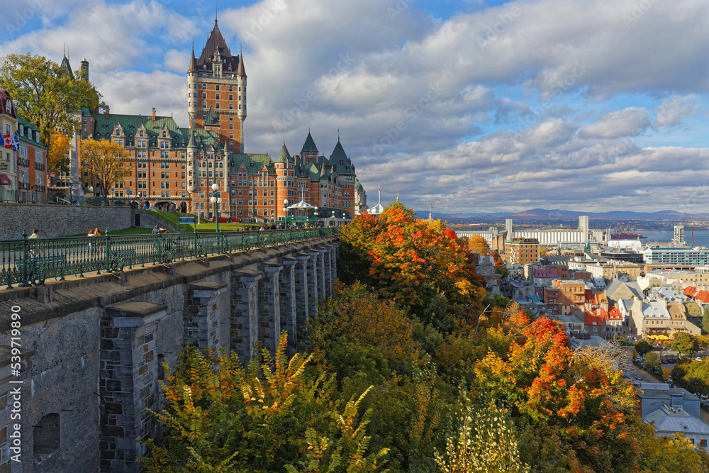 QUEBEC, CANADA, October 8, 2022 : Terrasse Dufferin, Château Frontenac and Petit Champlain district in a fall cityscape.