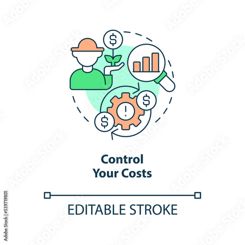 Control your agro costs concept icon. Improve farm business income. Efficiently abstract idea thin line illustration. Isolated outline drawing. Editable stroke. Arial, Myriad Pro-Bold fonts used