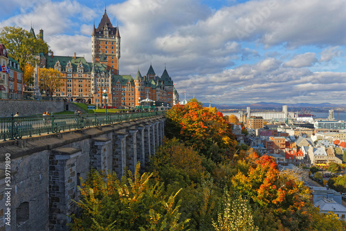QUEBEC, CANADA, October 8, 2022 : Terrasse Dufferin, Château Frontenac and Petit Champlain district in a fall cityscape. photo