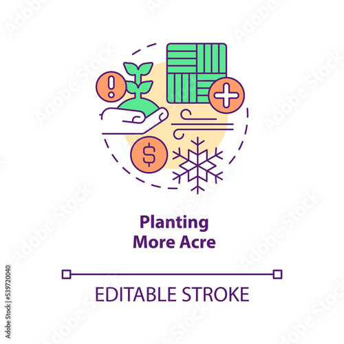 Planting more acres concept icon. Global crop balances. Increase cultivated areas abstract idea thin line illustration. Isolated outline drawing. Editable stroke. Arial, Myriad Pro-Bold fonts used