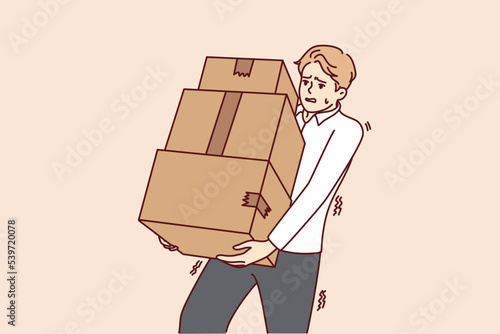 Tired young man carrying stack of boxes. Exhausted male carrier with pile of cardboard packages. Delivery concept. Vector illustration. 
