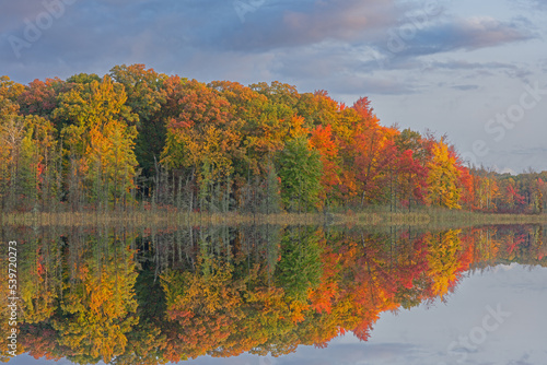 Autumn landscape of the shoreline of Deep Lake at sunrise with mirrored reflections in calm water  Yankee Springs State Park  Michigan  USA