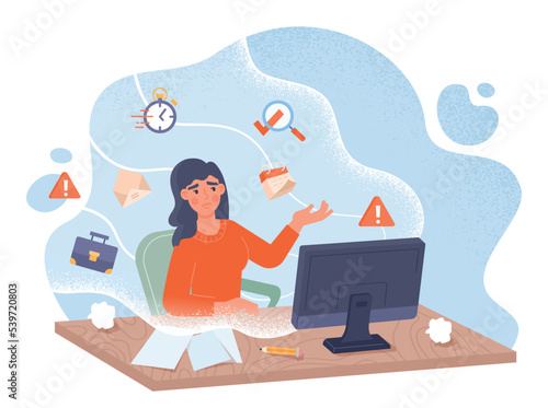 Overloaded girl concept. Woman cant handle her to do list. Emotional burnout, mental problems, pressure and poor time management. Poster or banner for website. Cartoon flat vector illustration