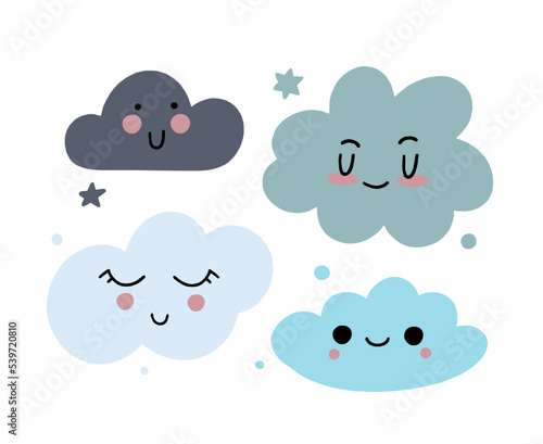 Cute clouds with kawaii eyes. For decoration of childrens rooms and holidays. Vector modern style