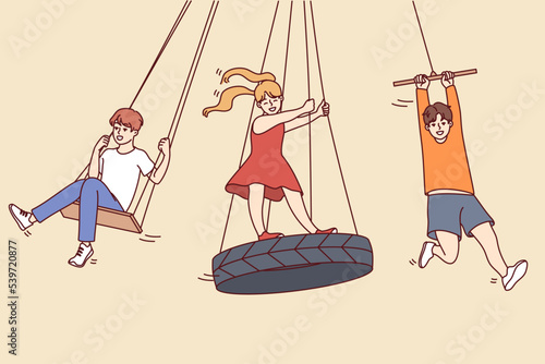 Happy children have fun riding on swings outdoors. Smiling kids enjoy summer leisure activity on street. Childhood concept. Vector illustration. 