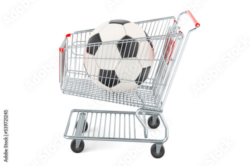 Shopping cart with soccer ball, 3D rendering