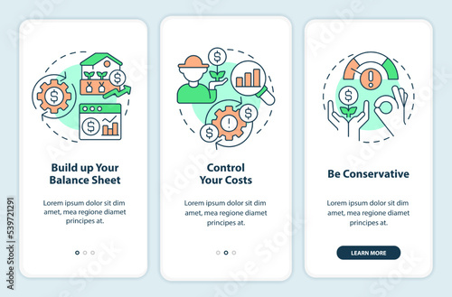 Interest rates on farm onboarding mobile app screen. Agro business walkthrough 3 steps editable graphic instructions with linear concepts. UI, UX, GUI template. Myriad Pro-Bold, Regular fonts used