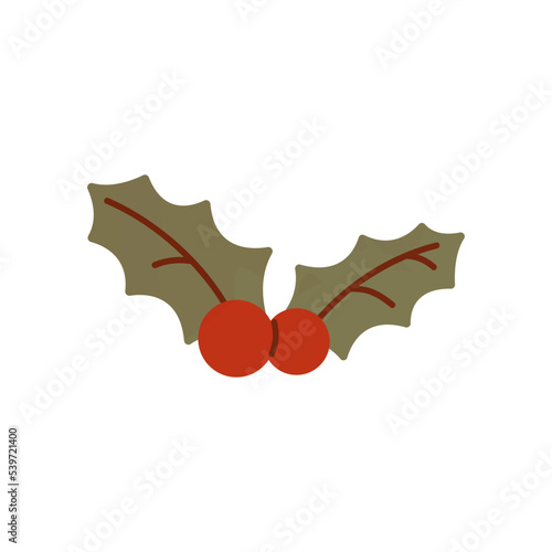 Simple cranberry vector illustration for Christmas cards or clipart. Flat Red cranberries with green leaves isolated on white background.