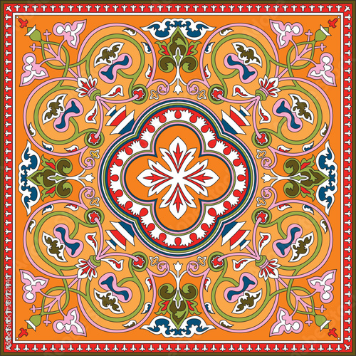 Vector colored orange square byzantine ornament. Tiles of ancient Greece and the Eastern Roman Empire. Decoration of the Russian Orthodox Church..