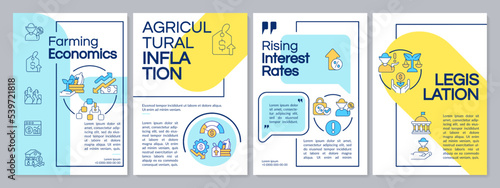 Farm economics blue and yellow brochure template. Agribusiness. Leaflet design with linear icons. Editable 4 vector layouts for presentation, annual reports. Questrial-Regular, Lato-Regular fonts used