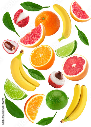 Fototapeta Naklejka Na Ścianę i Meble -  flying exotic fruits. banana, lime, lichee, grapefruit and orange fruit isolated on white background. clipping path