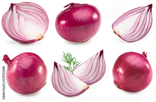 Red sliced onion with green leaves isolated on white background. clipping path