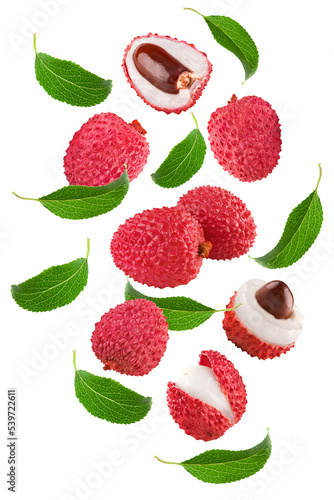 flying fresh lychee with slices and green leaves isolated on white background. clipping path photo