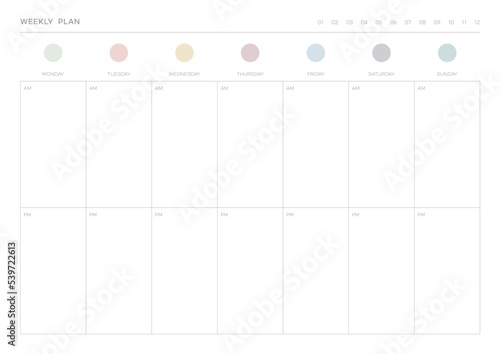 A weekly plan design template in a modern, simple, and minimalist style. Note, scheduler, diary, calendar, planner document template illustration.