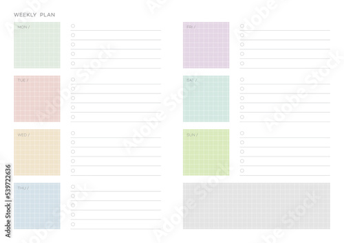 A weekly plan design template in a modern, simple, and minimalist style. Note, scheduler, diary, calendar, planner document template illustration.