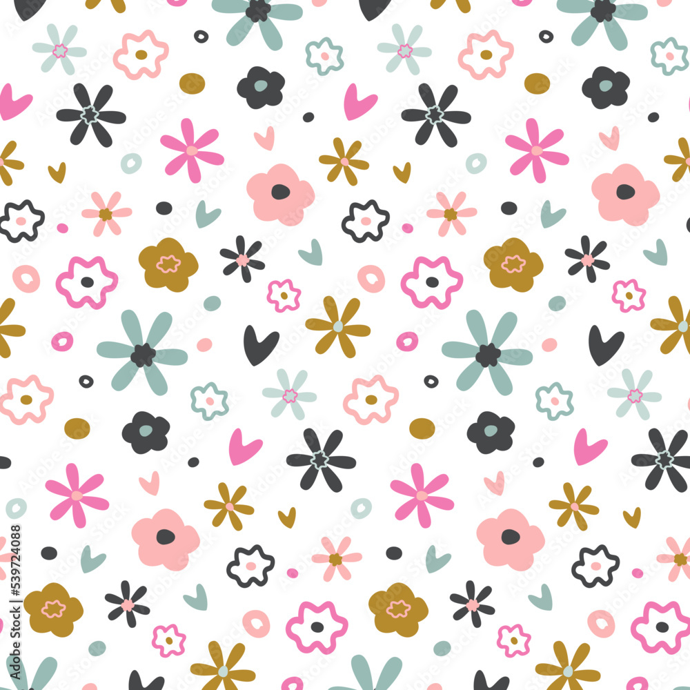 Simple vector floral pattern. Decorative flowers. Flowers, hearts motive. Pink, blue green, colors. Design for print, textile, fabric, gift cards. Wrapping paper.
