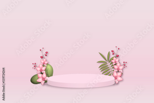 Abstract 3D scene background. Cylindrical podium with arches, leaves on a pink background. Product presentation, mockup, cosmetic product display, podium, pedestal or platform