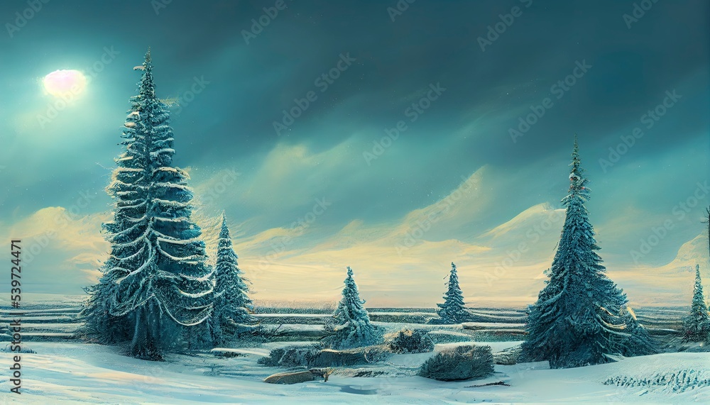 Winter scenery illustration background backdrop. Christmas season background. Illustration for art projects or as illustration. 