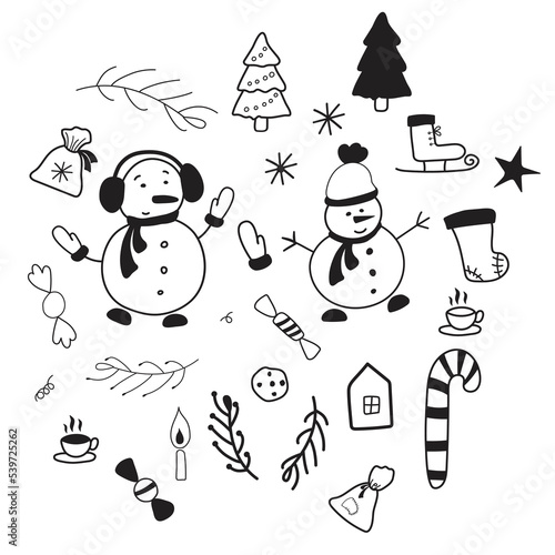Christmas characters. Holiday doodle elements. Funny snowman wearing hat