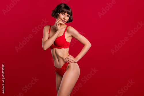 Portrait of attractive chic glamorous nude brown-haired girl posing touching face isolated over bright red color background