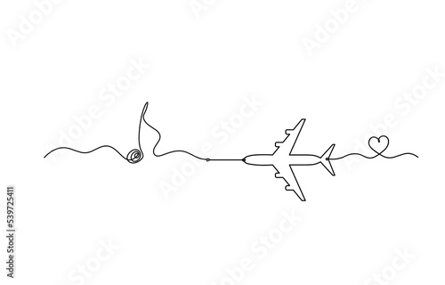 Abstract whole note with plane as continuous lines drawing on white background
