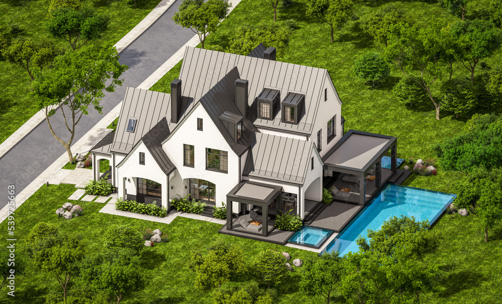 3d rendering of cute cozy white and black modern Tudor style house with parking and pool for sale or rent with beautiful landscaping. Fairy roofs. Clear sunny summer day with blue sky. 3d rendering of cute cozy white and black modern Tudor style house with parking and pool for sale or rent with beautiful landscaping. Fairy roofs. Clear sunny summer day with blue sky.