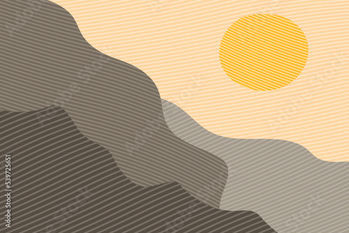 Contemporary drawing vector template poster design with mountains and sun. Abstract hand drawn mountain landscape.
