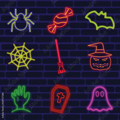 Halloween holiday set, neon icons on line brick wall background.