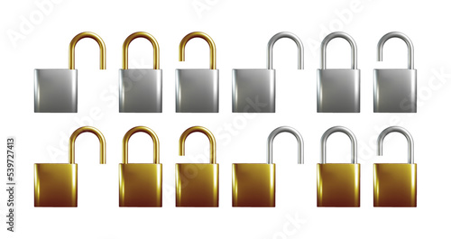 3d metal lock from gold and iron. Realistic vector illustration. Locked, unlocked, open, closed volumetric padlock.