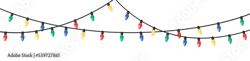 Christmas lights for cards, banners, web design. Garland light bulbs isolated on white background. Colorful holiday festive christmas decoration.Vector stock