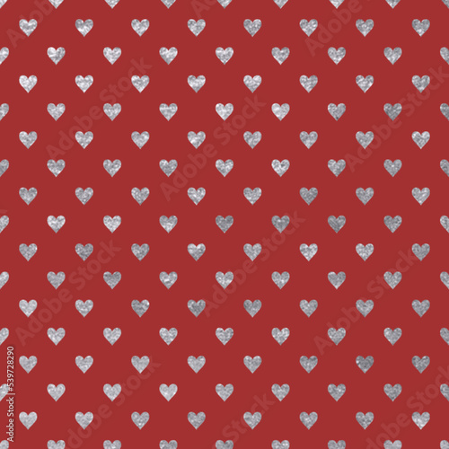 Seamless silver shimmer glitter heart pattern on red background.