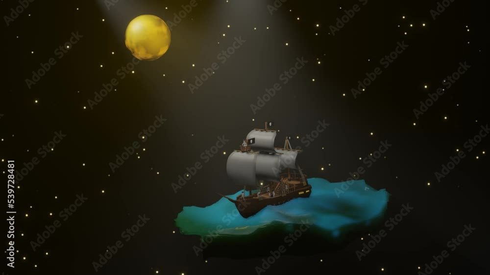 three-dimensional model of a pirate sailboat swinging on a piece of the ocean. night with full moon. looped animated background. 3d render three-dimensional model of a pirate sailboat swinging on a piece of the ocean. night with full moon. looped animated background. 3d render