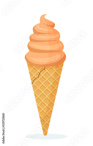 Ice cream icon. Creme brulee in waffle cone. Sticker for social networks and messenger. Sweet and delicious food, dessert and delicacy, gourmet. Summer season. Cartoon flat vector illustration