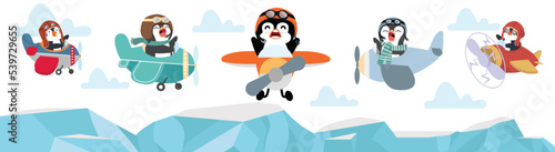Funny pilot penguin flying plane set