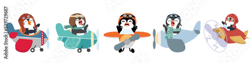 Funny pilot penguin flying air plane set