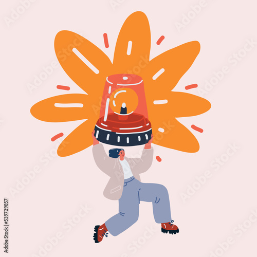 Vector illustration of woman run with big flashing light alarm