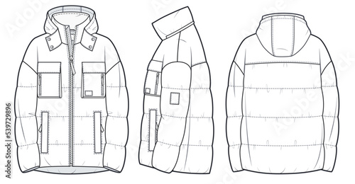 Hooded down Jacket, Coat technical fashion Illustration. Padded Jacket fashion flat drawing template, zip closure, multi pockets, front, side and back view, white color, women, men, unisex CAD mockup.